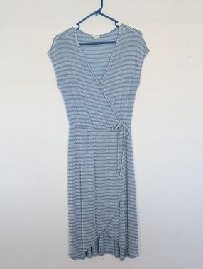 Caution To The Wind Light Blue & White Striped Wrap Midi Dress